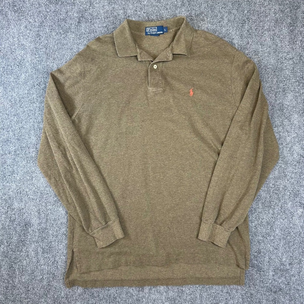 Polo Ralph Lauren Mens Long Sleeve Polo Shirt Brown Olive Red Pony Size L Cotton